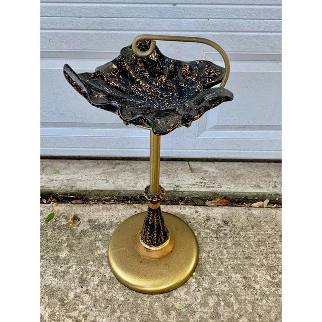 Mid-Century Modern Black & Gold Ceramic Leaf Standing Ashtray For Sale In New Orleans - Image 6 of 12