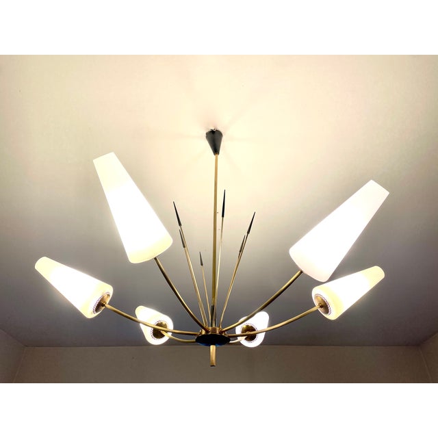 Large Maison Arlus chandelier from the 1950s, gilt brass frame, 6 white opaline glass shades (20 cm), 6 anthracite gray...