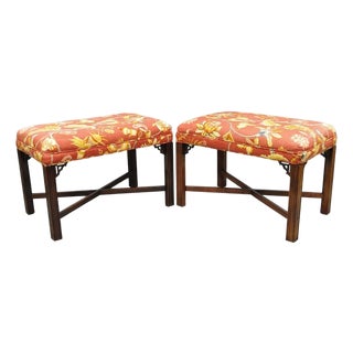 Vintage Chinese Chippendale Style Carved Mahogany Fretwork Bench Stool - Pair For Sale