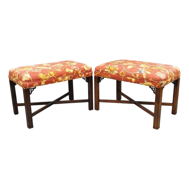 Vintage Chinese Chippendale Style Carved Mahogany Fretwork Bench Stool - Pair For Sale