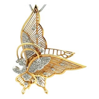 Diamond 18k Butterfly Two Tone Gold Animated Moveable Pendant/Brooch For Sale
