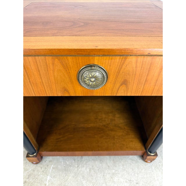 A Pair of Baker Furniture French Empire Neoclassical Cherry, Brass & Ebonized Wood Nightstands, Circa 1960s For Sale In New York - Image 6 of 12