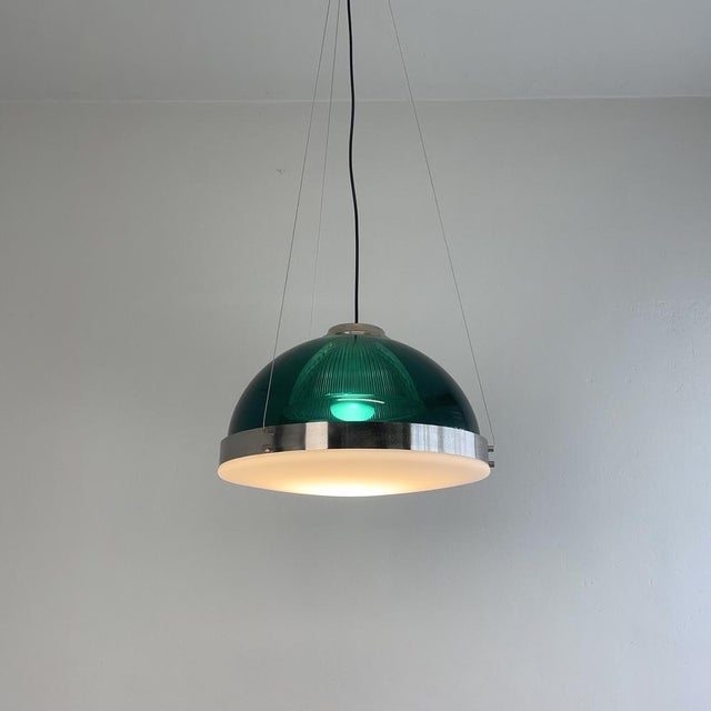 Chandelier, pendant lamp from the 60s. Transparent green methacrylate and chromed metal. Opaque opaline external glass and...
