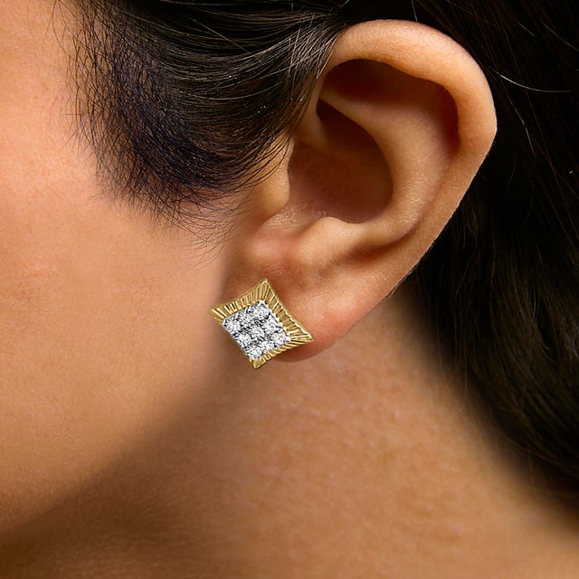 Haus of Brilliance 10K Yellow Gold Plated .925 Sterling Silver 1/4 Cttw Diamond Textured Halo Stud Earrings For Sale - Image 4 of 5