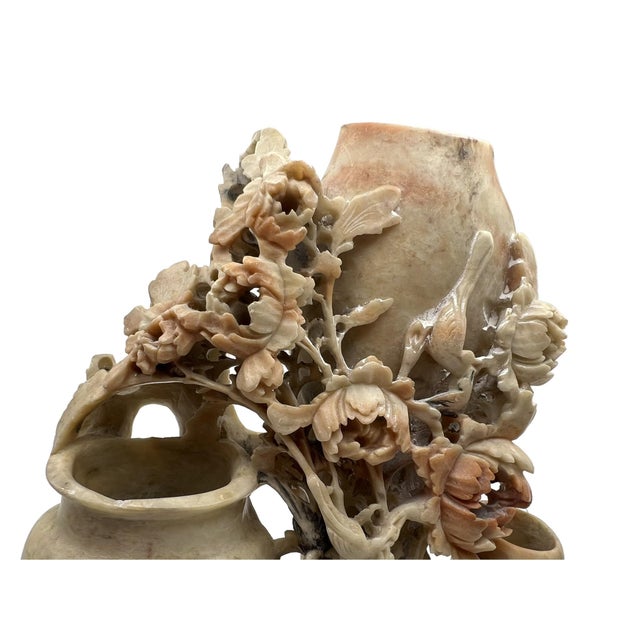 Vintage Soapstone Carvied Triple Vase Birds and Flowers For Sale - Image 11 of 15