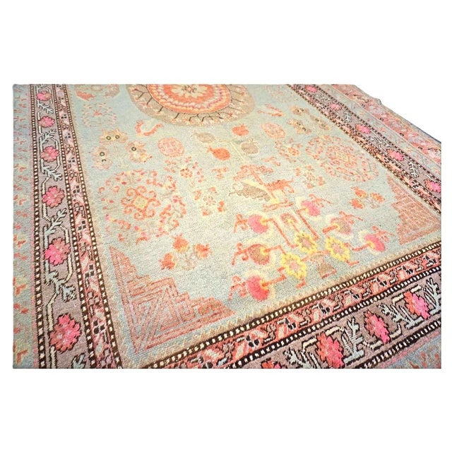 Antique Turkish Khotan Wool 6X12 Green, Orange & Blue Handmade Gallery Rug #9902946 For Sale - Image 9 of 18