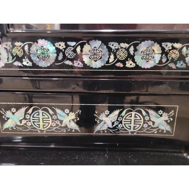 Make a grand statement with this magnificent 3-piece vintage Korean Najeonchilgi (mother-of-pearl lacquerware) display...