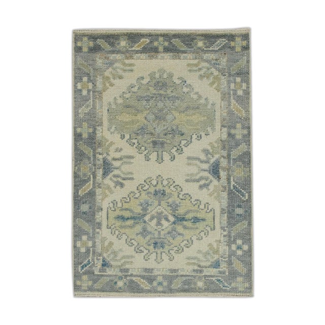 Early 21st Century Green & Blue Geometric Design Handwoven Wool Turkish Oushak Rug 2'1" X 3' For Sale In Houston - Image 6 of 6