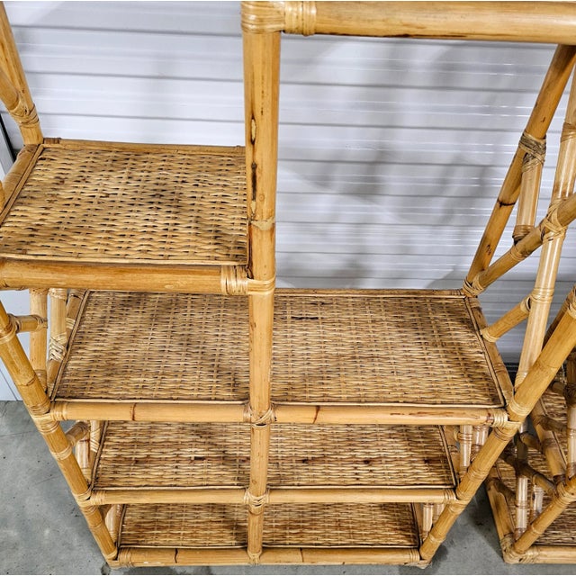 Mid 20th Century Pair of Chinese Chippendale Style Woven Rattan and Bamboo Etageres For Sale In Washington DC - Image 6 of 7