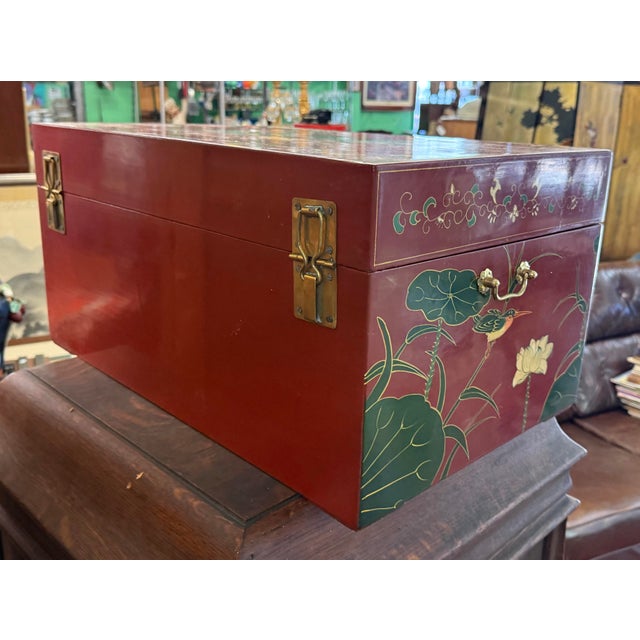 Paint Asian Red Lacquer Trunk Hand Painted Lilly Pad Motif For Sale - Image 7 of 9