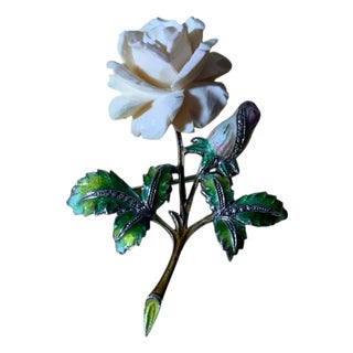 Vintage German Carved Rose Brooch Enamel & Marcasite Leaves 925 Sterling Setting For Sale