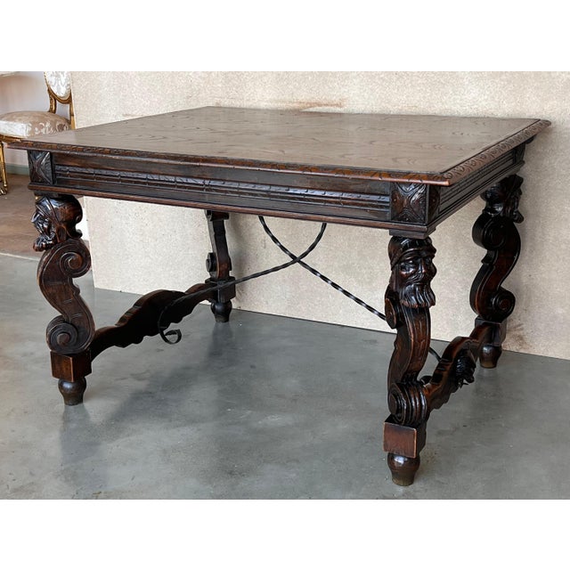 19th Spanish Carved Gargoyles Walnut Renaissance Library / Writing or Desk Table For Sale - Image 17 of 18
