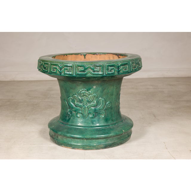 Chinese Vintage Green Glazed Ceramic Planter or Garden Seat Base with Foliage For Sale - Image 4 of 11