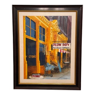 Original 1972 Watercolor Street Scene by C. Luckey – “Plow Boy Furniture & Antiques” For Sale