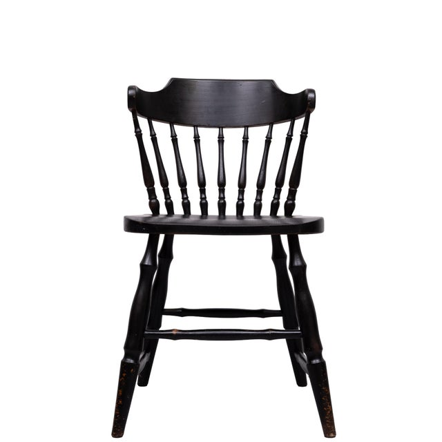 Mid-Century Modern Vintage Windsor Style Spindle-Back Dining Chairs in Black Oak, 1960, Set of 6 For Sale - Image 3 of 12