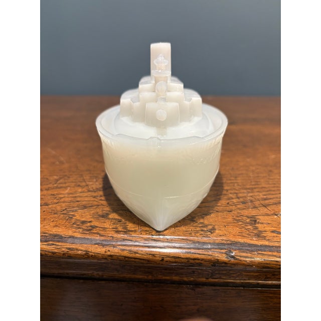 Antique 1898 Flaccus Bros. Uranium Milk Glass 'Uss Wheeling' Battleship Covered Dish For Sale - Image 4 of 10
