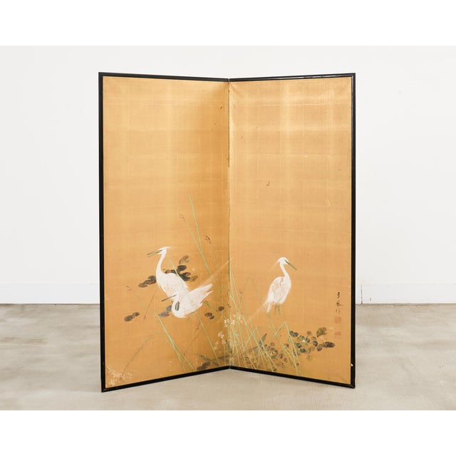Mid 20th Century Japanese Showa Two Panel Screen Egrets in Grass For Sale - Image 17 of 18