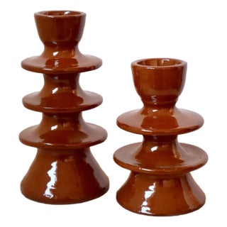 Pair of Modern Handmade Brown Ceramic Candle Holders For Sale
