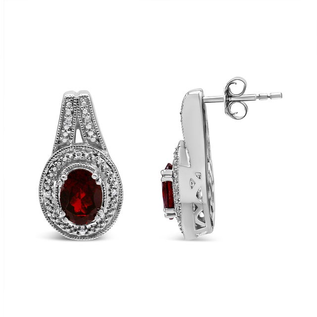 Contemporary .925 Sterling Silver Diamond Accent and 8x6mm Red Oval Garnet Stud Earrings (I-J Color, I1-I2 Clarity) For Sale - Image 3 of 5