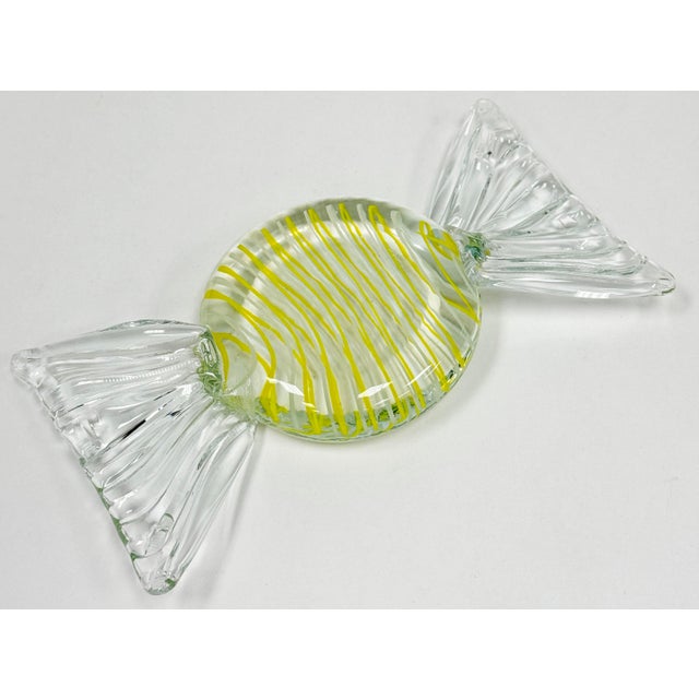 Oversized vintage Murano style blown glass wrap candy decorative objet or paper weight. Round flat piece with yellow and...