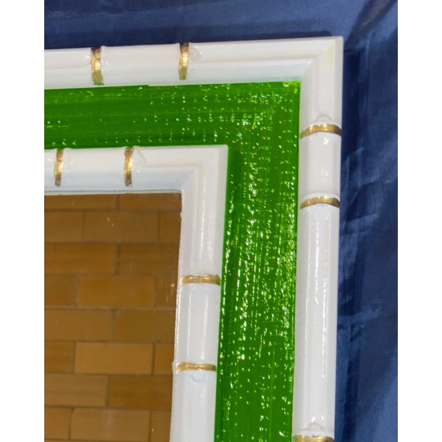 Chinoiserie Vintage Palm Beach Regency Faux Bamboo Wall Mirror - Green and White With Gold Accents - Newly Painted For Sale - Image 3 of 7