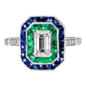 Gia - 18k (750) Emerald Shape Natural Round VVS Diamond Sapphire Emerald Ring, Size 7