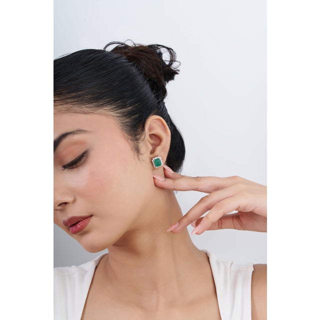 Green 4.39ct Zambian Emerald Solitaire Stud Earrings With Diamonds in 14k Solid Gold- A Pair For Sale - Image 8 of 16