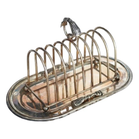 Large Vintage Silver Metal Toast Rack with Curtain Bow Detail and Tray, 1970s, Set of 2 For Sale