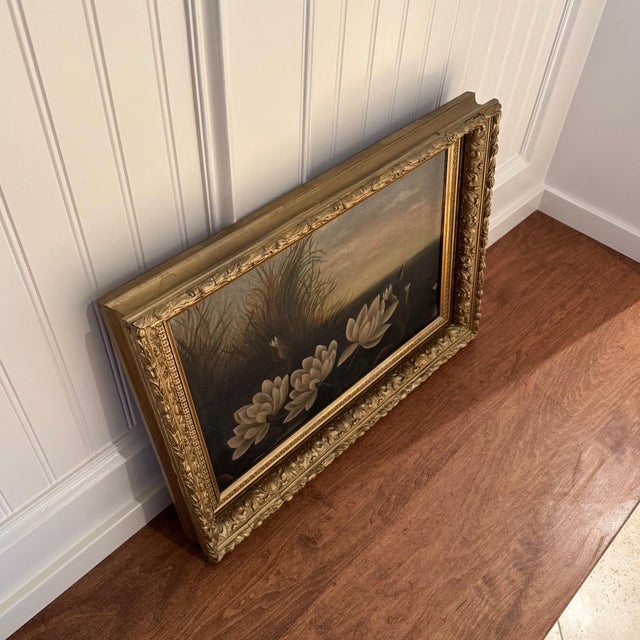 Antique Victorian Water Lily Painting In Gold Frame. Painted on panel, dates to late 1800's or early 1900's. Has some...