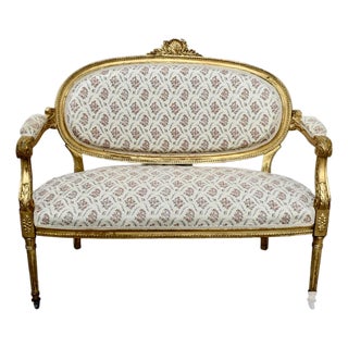 Antique French Carved & Gilded Wood Settee For Sale
