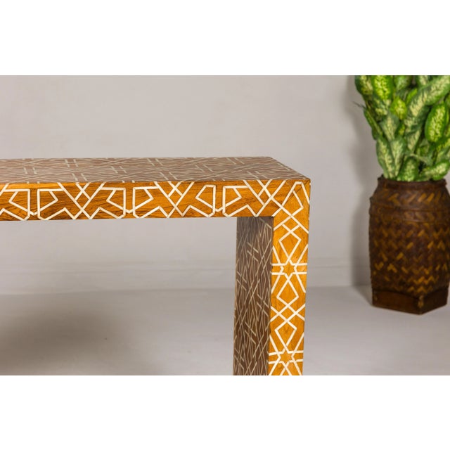 Early 21st Century Handmade Mango Wood Linear Console Table with Geometric Bone Inlay For Sale In New York - Image 6 of 12