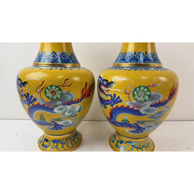Pair Chinese Cloisonne Enamel Yellow Dragon Vases For Sale - Image 4 of 8