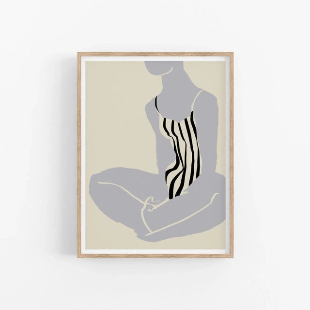 Woman figure open edition giclee print. 20"x28" Elegant female silhouette in striped swimsuit on beige background. Woman...