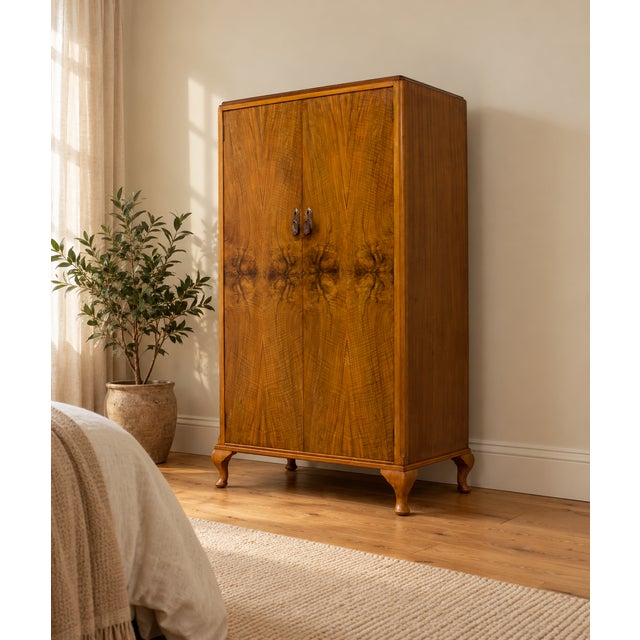 A 1930s Art Deco style wardrobe in figured walnut veneer, with two doors, decorative metal handles, shaped feet and a...