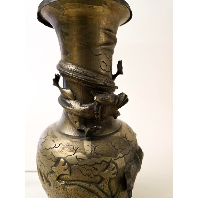 Chinese Antique Chinese Bronze Dragon Lamp Vase With Phoenix Bird For Sale - Image 3 of 6