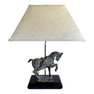 Vintage Asian Tang Iron Horse Table Lamp With Shade For Sale