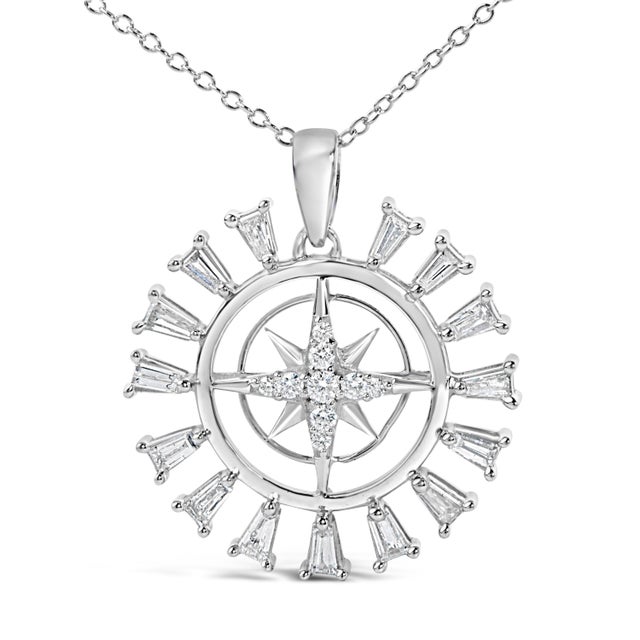 Contemporary Sterling Silver 1/2 Cttw Diamond Starburst Compass Medallion Pendant Necklace For Sale - Image 3 of 4