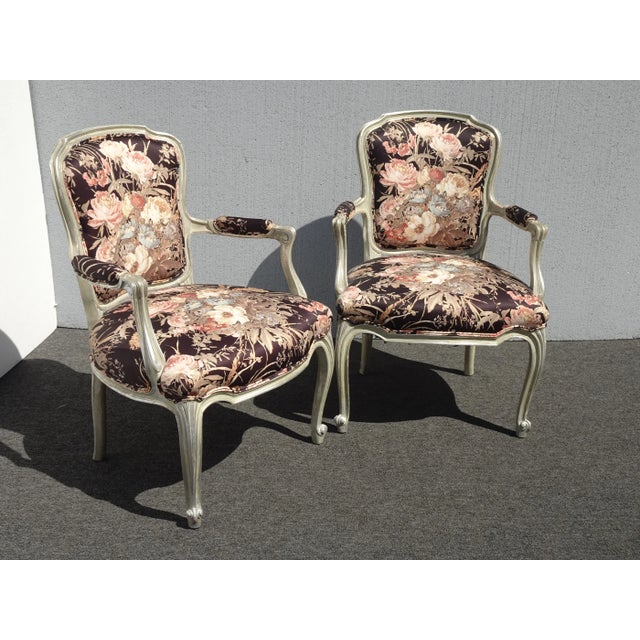French Provincial Pair Vintage French Provincial Floral Arm Chairs W Silver Frames For Sale - Image 3 of 12