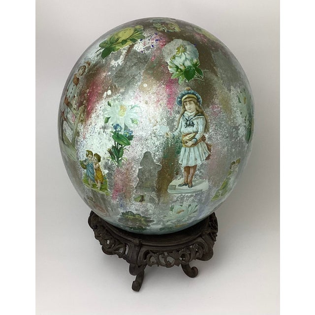 Late 19th Century Victorian Potichomanie Blown Glass Egg Shape Ball or Gazing Ball For Sale - Image 4 of 8