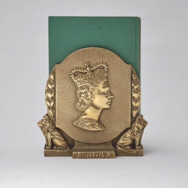 1953 English Vintage Coronation Queen Elizabeth II & Prince Philip Commemorative Bookends, Gilt Bronze - a Pair For Sale - Image 6 of 12