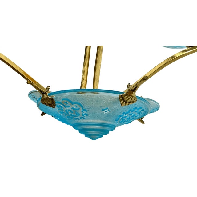 Early 20th Century Vintage Chandelier Light Swedish Art Deco Style Plated Brass & Aqua Blue Frosted For Sale - Image 5 of 11