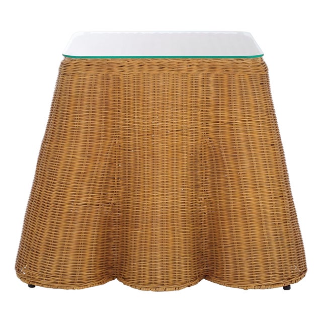 Hylda Scalloped Rattan Square Accent Table in Natural For Sale