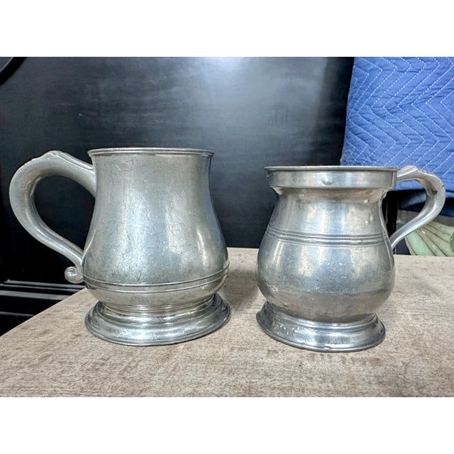 Rustic Antique and Vintage Pewter Tankard Mugs - Set of Two For Sale - Image 3 of 12
