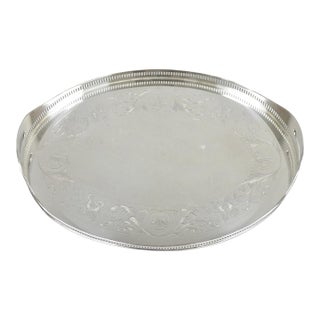 Antique English Sheffield Edwardian Silver Plated Oval Bar Tray With Gallery For Sale
