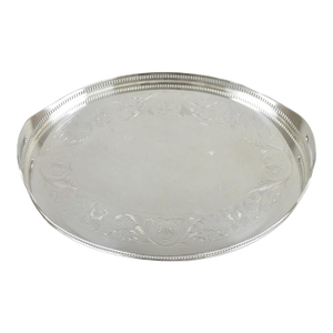 Antique English Sheffield Edwardian Silver Plated Oval Bar Tray With Gallery