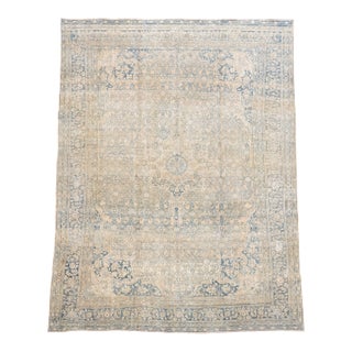 Antique Blue & Ivory Persian Rug – Elegant Faded Floral & Geometric Design For Sale