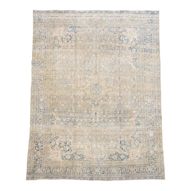 Antique Blue & Ivory Persian Rug – Elegant Faded Floral & Geometric Design For Sale
