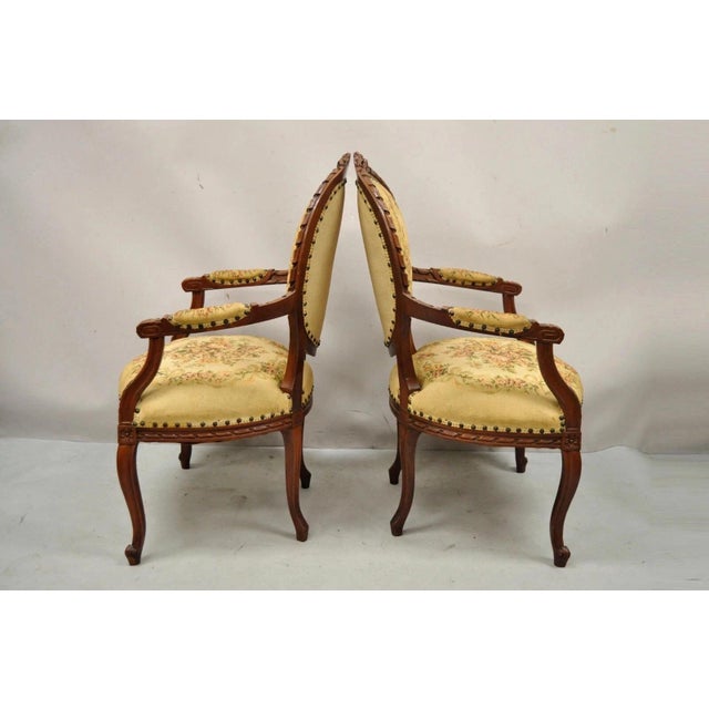 Antique French Country Louis XV Victorian Floral Tapestry Arm Chairs - A Pair For Sale - Image 4 of 12