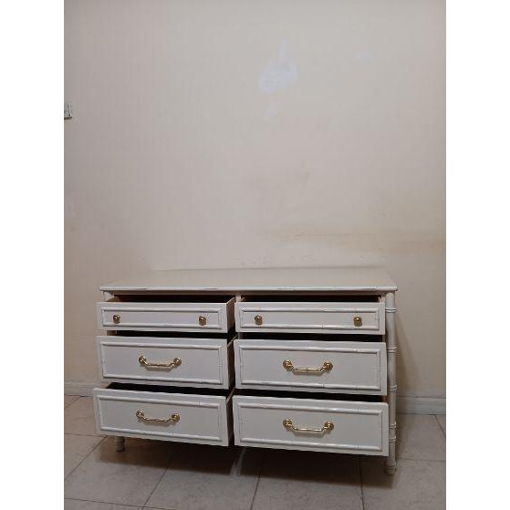 Hollywood Regency faux bamboo style white dresser 6 drawer gold handles Style: Mid Century Color: White Dimensions: 48" W...