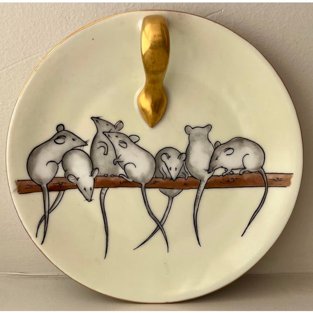 Art Deco Antique Early 20th Century Arts & Crafts J & C Bavaria Porcelain Lemon Server Dish With Hand Painted Mice by Hecklin Studio Mpls. Circa 1920 For Sale - Image 3 of 9